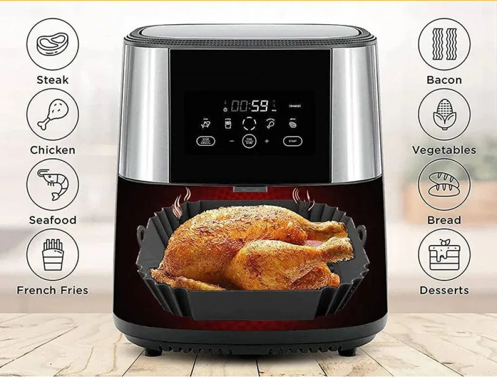 Air fryer with a roasted chicken inside, surrounded by icons for different foods and text about calorie-free cooking.